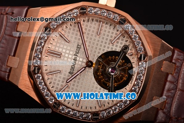 Audemars Piguet Royal Oak 41MM Swiss Tourbillon Manual Winding Rose Gold Case with White Dial Diamonds Bezel and Stick Markers (FT) - Click Image to Close